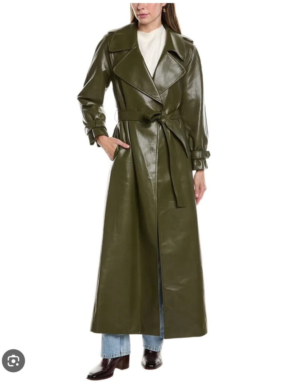 Alice + Olivia Jarrett Vegan Leather Trench Coat in Olive NWT